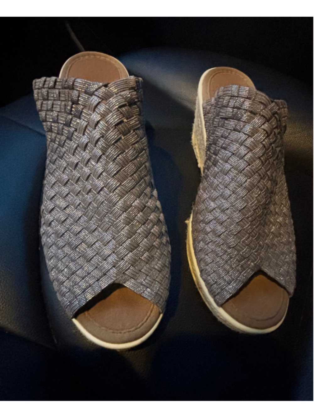 Women's Bernie Mev Silver Woven Wedge Sandals Size 7.5